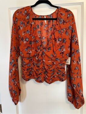 Free People Rust Orange Floral Ruched Long-Sleeve Blouse